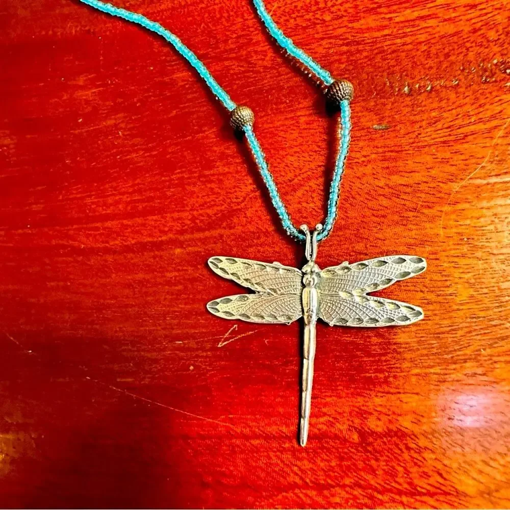 Sterling Silver Dragonfly Pendant Necklace Blue Beads Boho Beaded Casual Jewelry